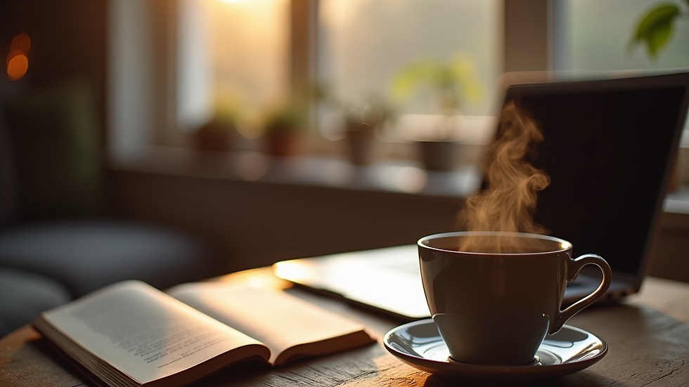 Eye-level view of a cozy reading nook with a laptop and a steaming cup of coffee