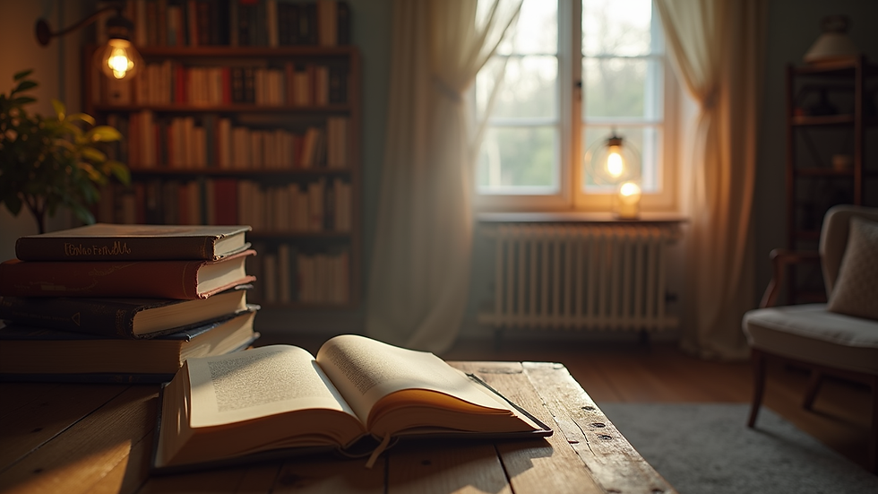 Eye-level view of a cozy reading nook with a stack of books