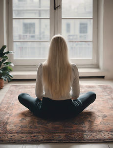 blonde lady sitting cross legged on a rug with her back to the camera. peaceful. breathi
