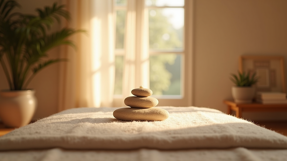 Eye-level view of a serene Reiki healing space with soft lighting