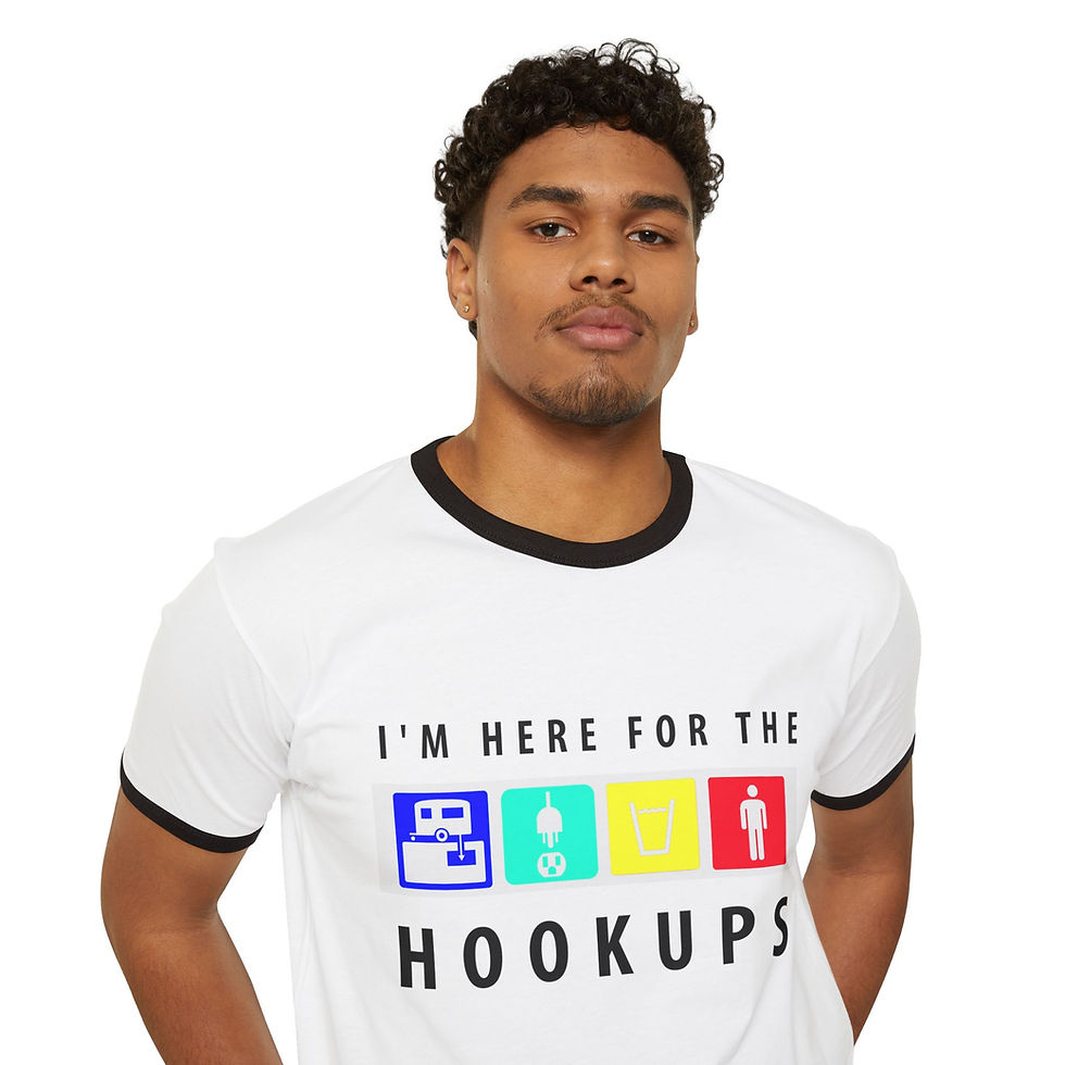 Thumbnail: "I"M HERE FOR THE HOOKUPS" Camping Ringer T-Shirt