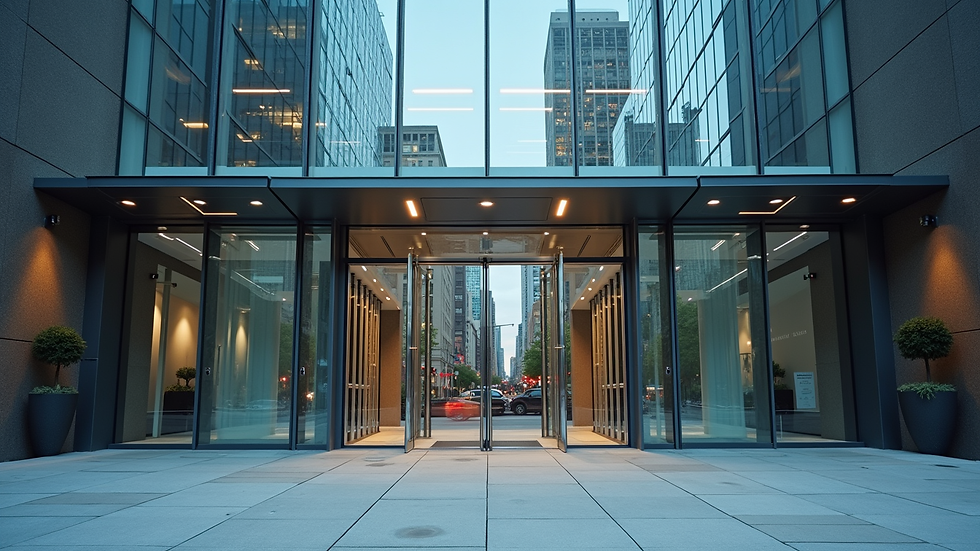 Eye-level view of modern commercial building facade with glass and steel