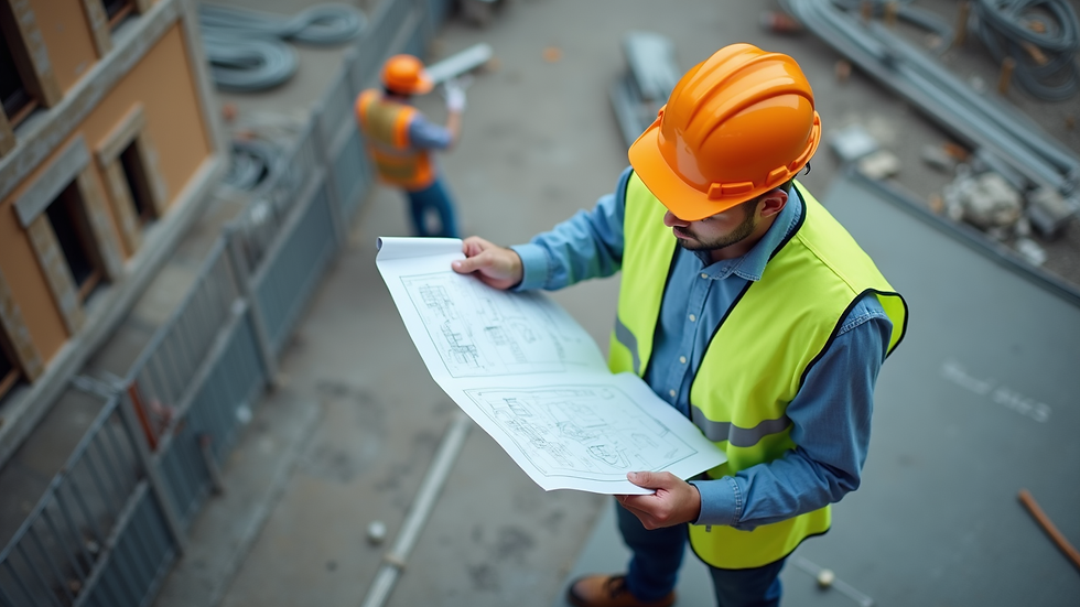 High angle view of a construction manager reviewing blueprints on site