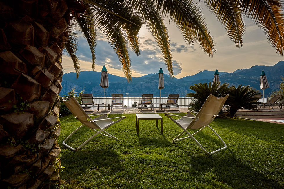 Swimmingpool zwischen Palmen und Olivenbäumen im Hotel Capri Malcesine