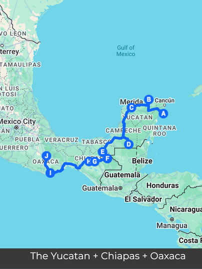 Route map for the Yucatan, Chiapas and Oaxaca birding tour