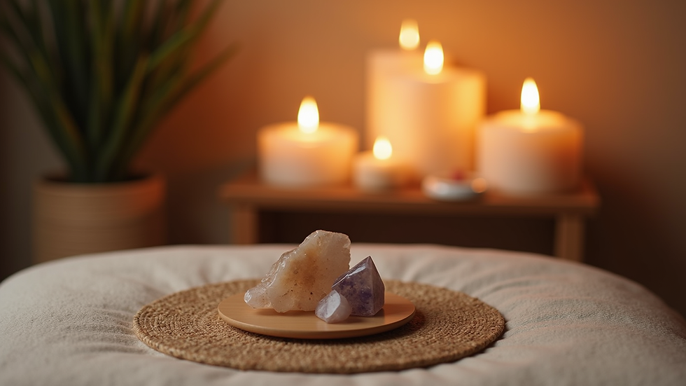 Eye-level view of a cozy room with a Reiki setup including crystals and candles