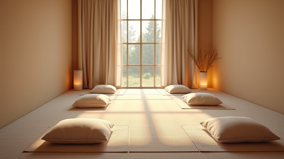 High angle view of a peaceful meditation corner with cushions and soft lighting
