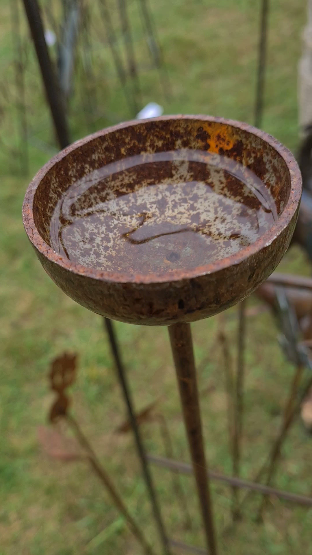 Rusty metal rain catcher, bird feeder or decorative garden accessory: Set of 3