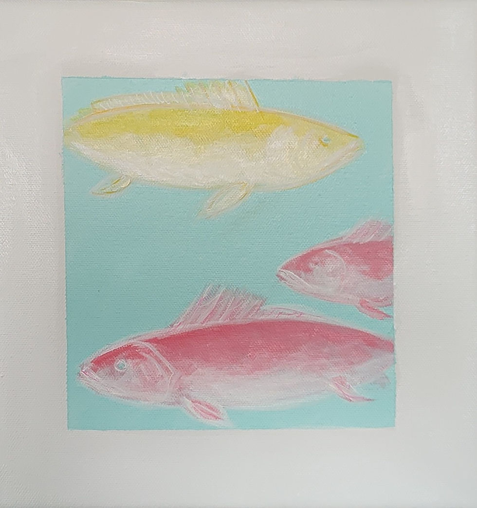 Thumbnail: painting of pink fish swimming one direction, one yellow fish swimming opposite direction.  "Odd Fin Out" painting