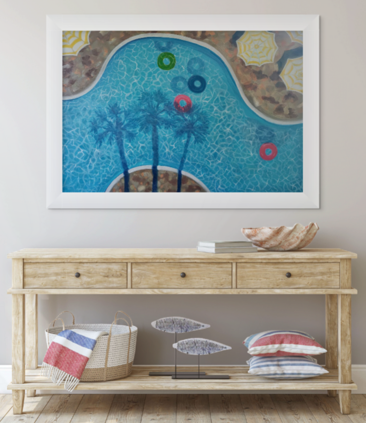 Painting of a lazy river pool from above. Shadows of palm trees on pool, with empty colorful tubes floating on them. Yellow and white striped umbrellas on pool deck. 