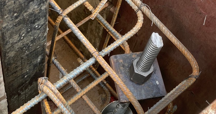 Micropile top and bearing plate set in the pile cap reinforcing at Mead Fire Station No. 14