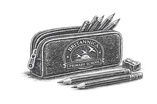 Chalk drawing of pencil case with Britannica Logo