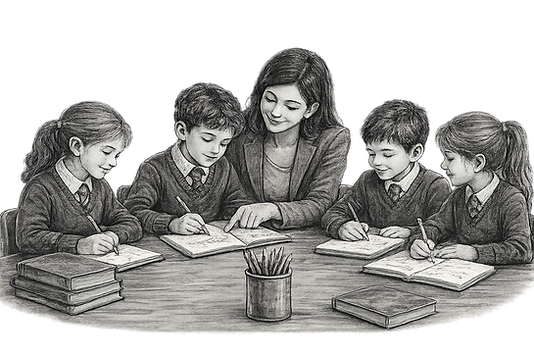 Chalk drawing of small Britannica Bilingual Primary School Classroom with Teacher
