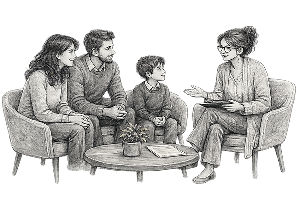 Chalk drawing of Psychologist with Britannica Primary shcool student and family