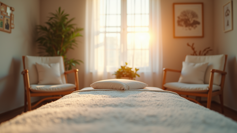 Eye-level view of a serene therapy room with soft lighting and comfortable seating