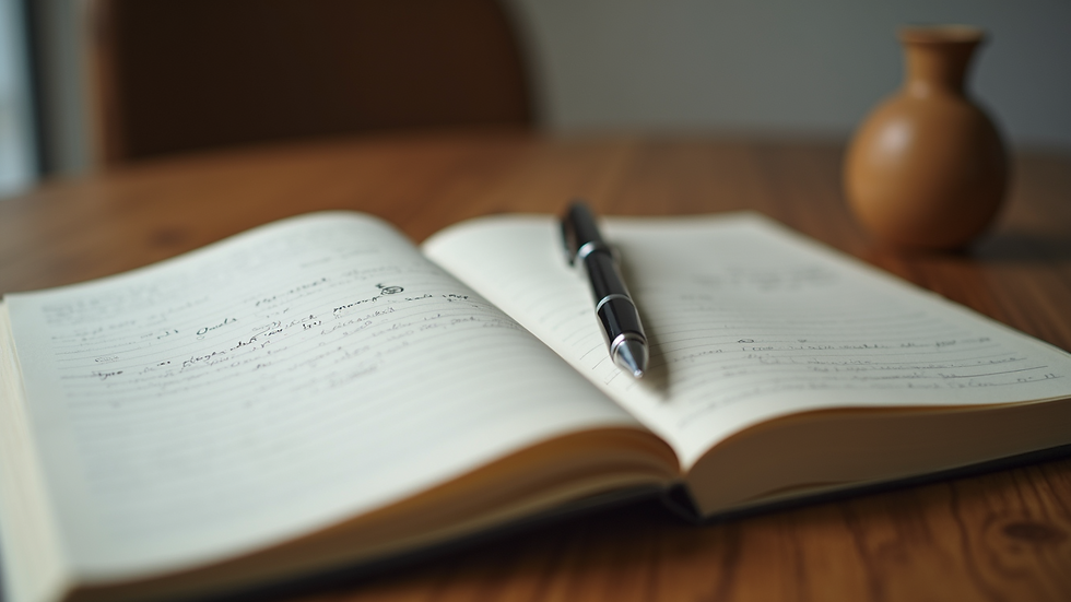 Close-up view of a journal and pen on a wooden table, symbolizing reflection and healing