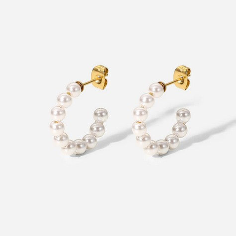 Thumbnail: White Pearl Semi Circle Gold Earrings 