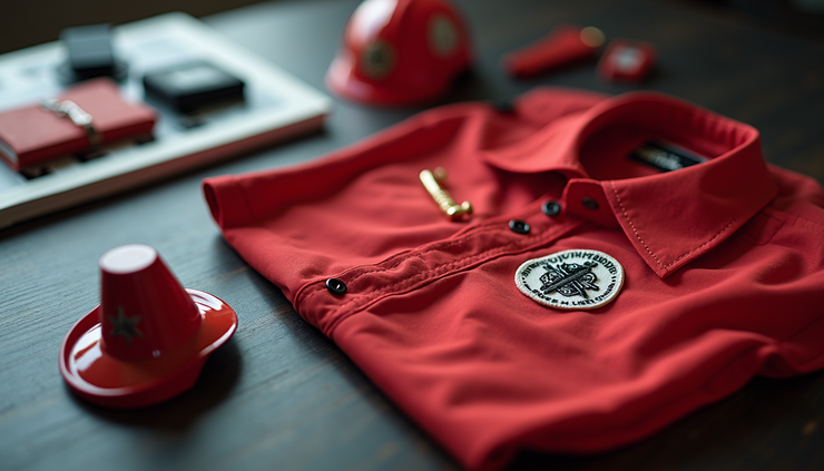 High angle view of custom-made emergency service uniform accessories laid out on a table