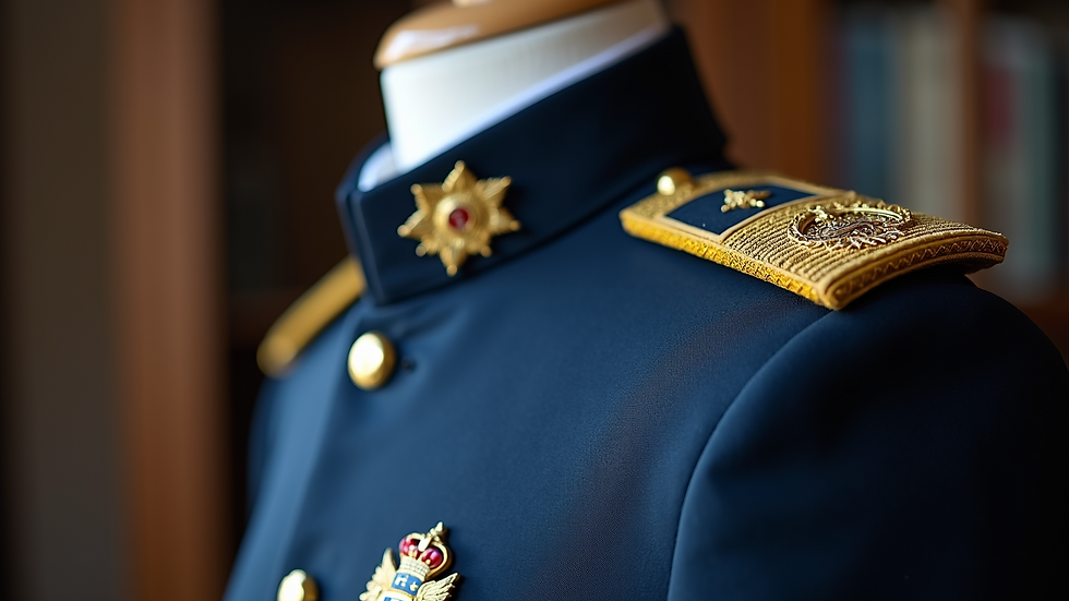 Close-up of a foreign police uniform badge and epaulette on a costume stand