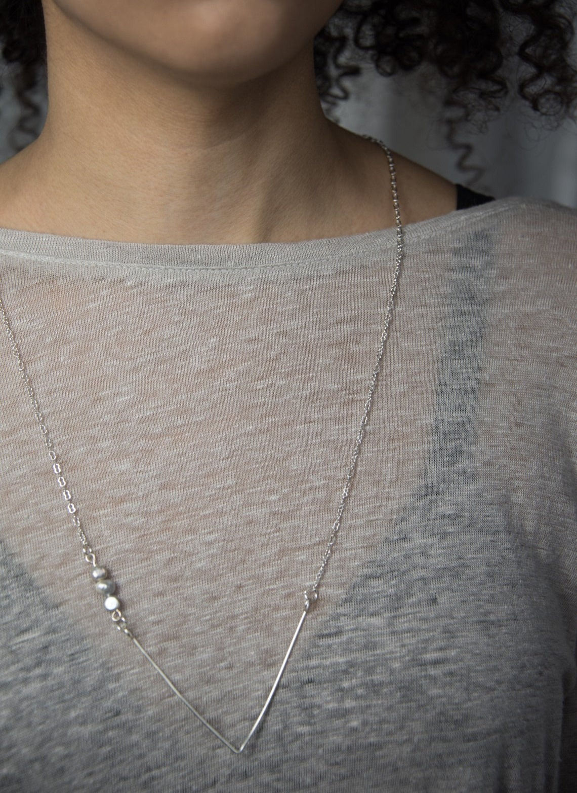 3 pearl necklace, silver, geometric, neutral, gray, lightweight, modern