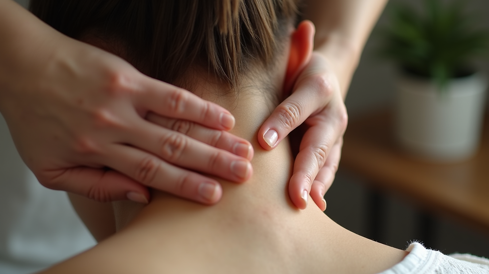 close-up view of hands gently massaging the neck and head area