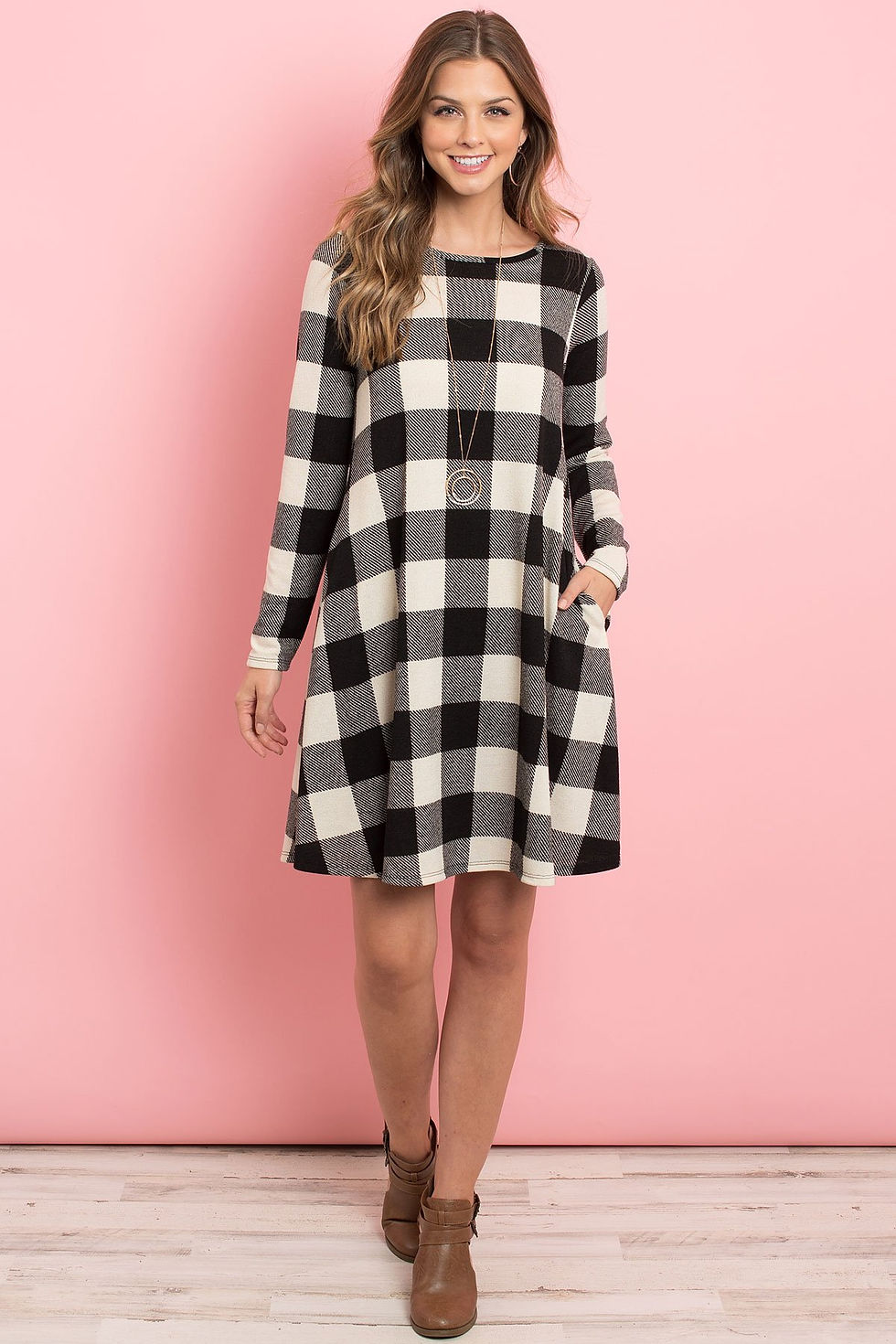 थंबनेल: Long Sleeves Plaid Midi