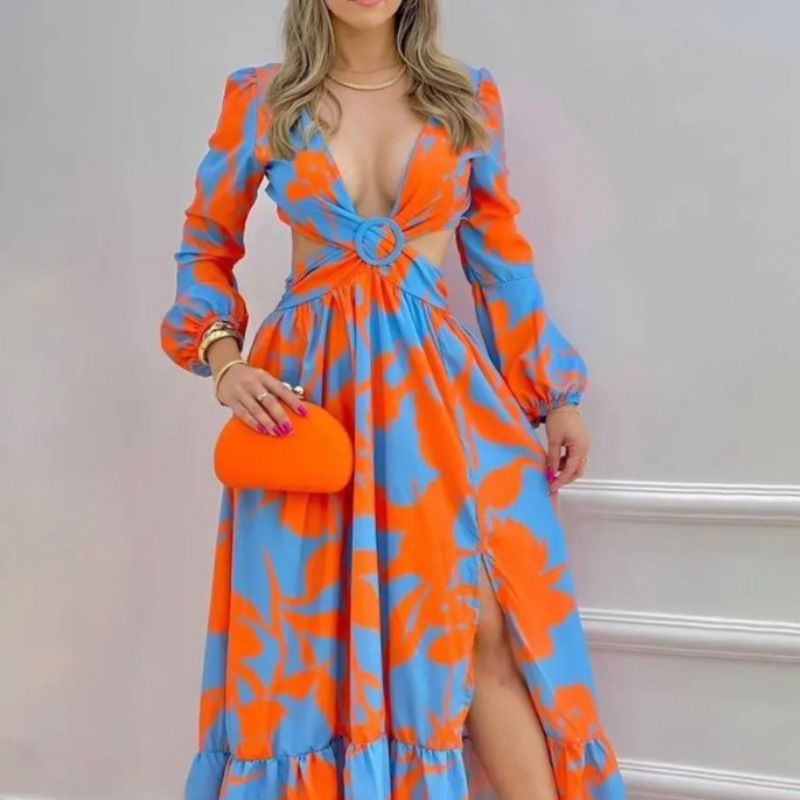 الصورة المصغرة: Summer Dress for Women Temperament Printed V-neck Long Dress Vintage Elegant Lon