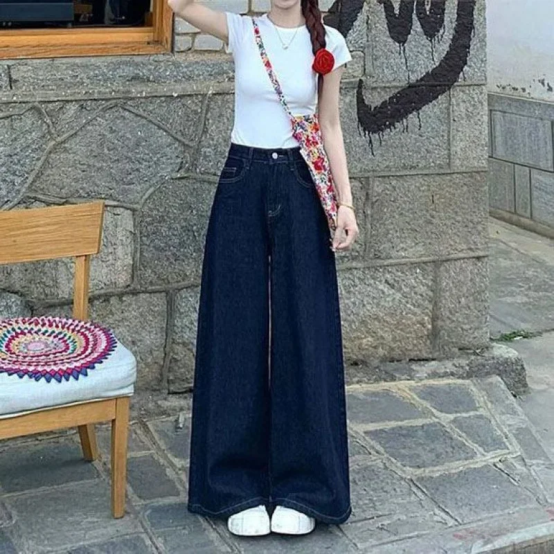 Thumbnail: American Style Deep Blue Wide-Leg Jeans Women's Autumn New High-Waisted Loose-Fi