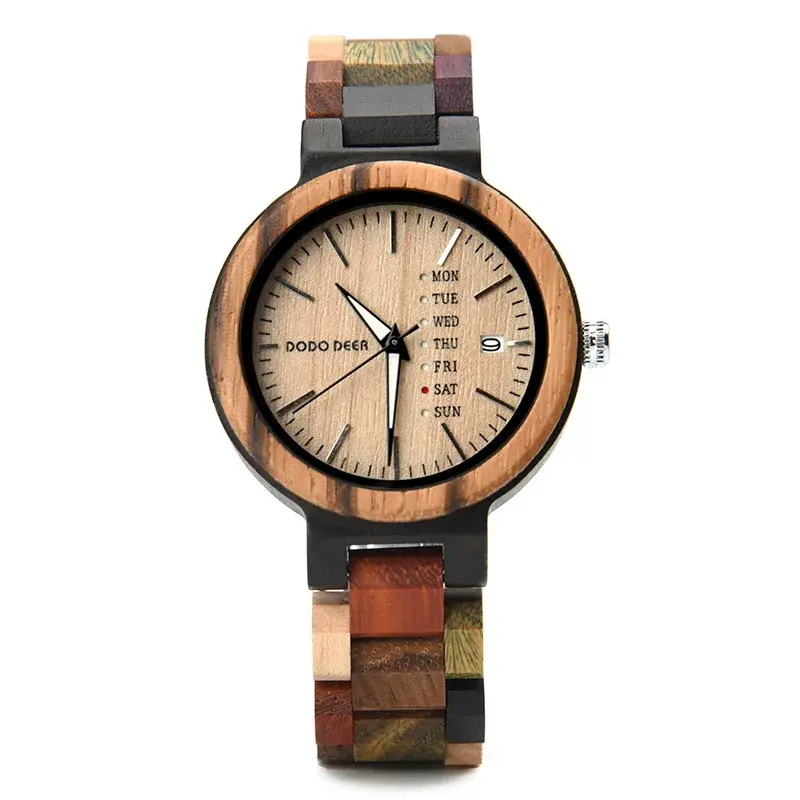 थंबनेल: Lover's Wood Watch Couple Style Unisex Reloj Calendar Week Display OEM / ODM