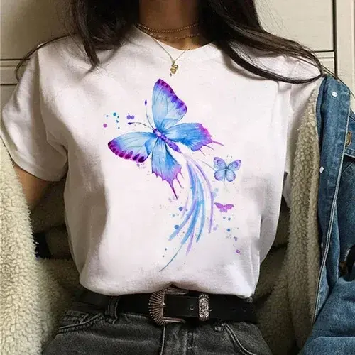 Thumbnail: Red Butterfly Heart Print T-shirt Fashion Women Harajuku Graphic Tee Women Summe