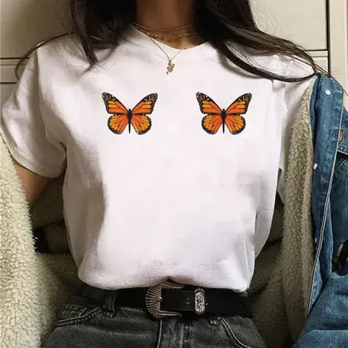 थंबनेल: Red Butterfly Heart Print T-shirt Fashion Women Harajuku Graphic Tee Women Summe