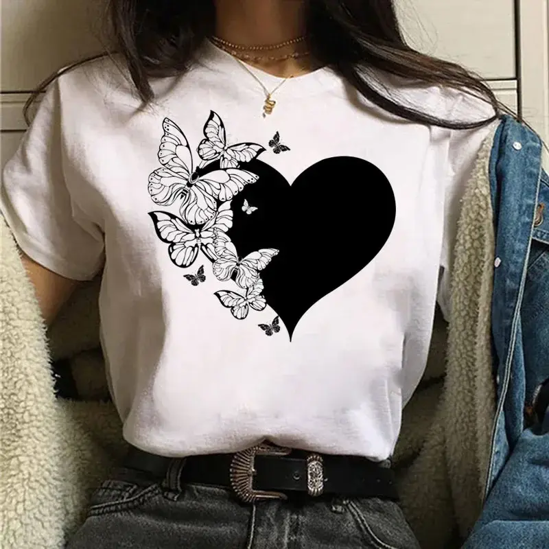 Pikkukuva: Red Butterfly Heart Print T-shirt Fashion Women Harajuku Graphic Tee Women Summe