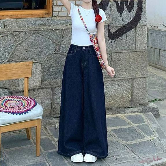 Thumbnail: American Style Deep Blue Wide-Leg Jeans Women's Autumn New High-Waisted Loose-Fi