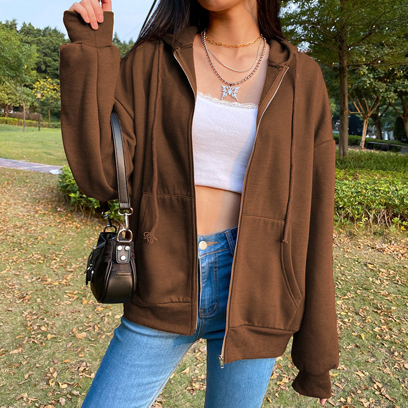תמונה ממוזערת: Hoodies Women Sweatshirts long-sleeved Fleece Leisure Zipper Pure Color Hot Styl