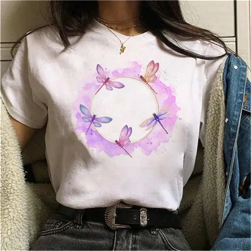 Miniature : Fashion Watercolor Dragonfly Print Women T-Shirt Summer Casual Short Sleeves Lad