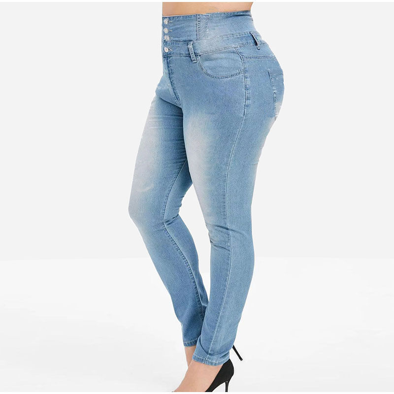 Thumbnail: Plus Size Button Up Slim Skinny Dark Blue Full Length Jeans 4XL 5XL Women High W