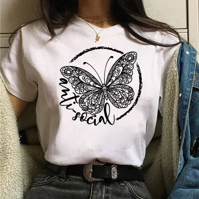 थंबनेल: Red Butterfly Heart Print T-shirt Fashion Women Harajuku Graphic Tee Women Summe