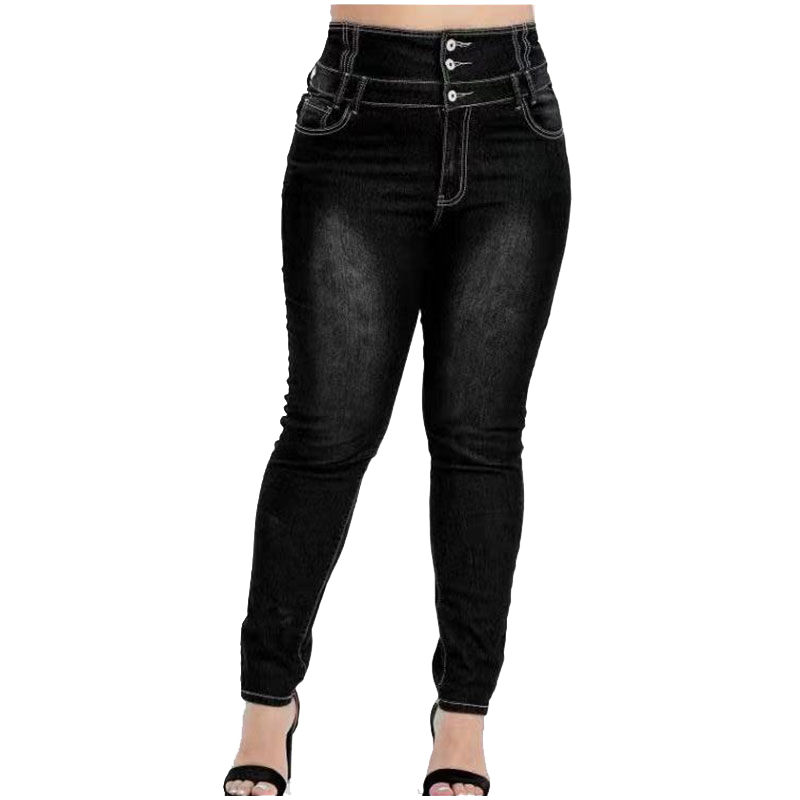 Thumbnail: Plus Size Button Up Slim Skinny Dark Blue Full Length Jeans 4XL 5XL Women High W