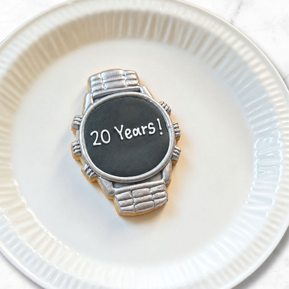Luxury silver watch shaped biscuit with personalised message hand-iced onto the watch face.