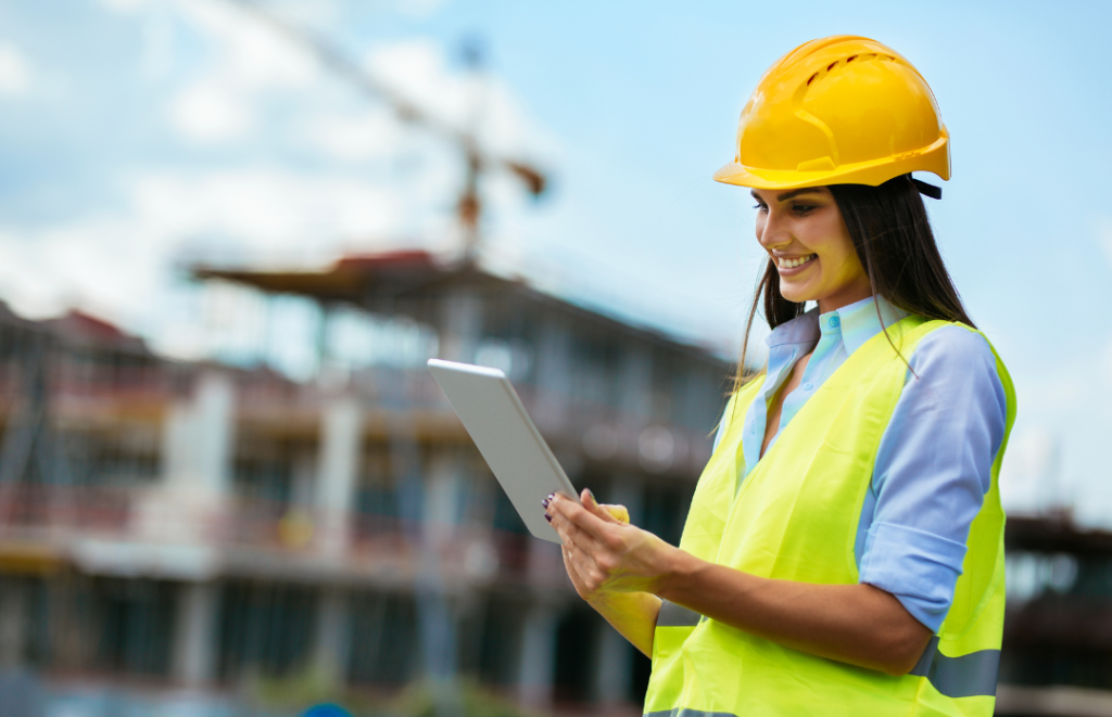 engenheira utilizando um tablet numa obra´preenchendo o RDO de Obras