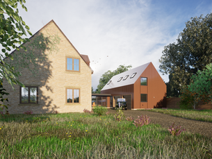 Modern farmhouse exterior with a blend of traditional stonework and contemporary design features, surrounded by lush greenery and an expansive garden.