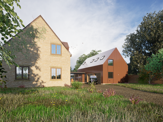 Modern farmhouse exterior with a blend of traditional stonework and contemporary design features, surrounded by lush greenery and an expansive garden.