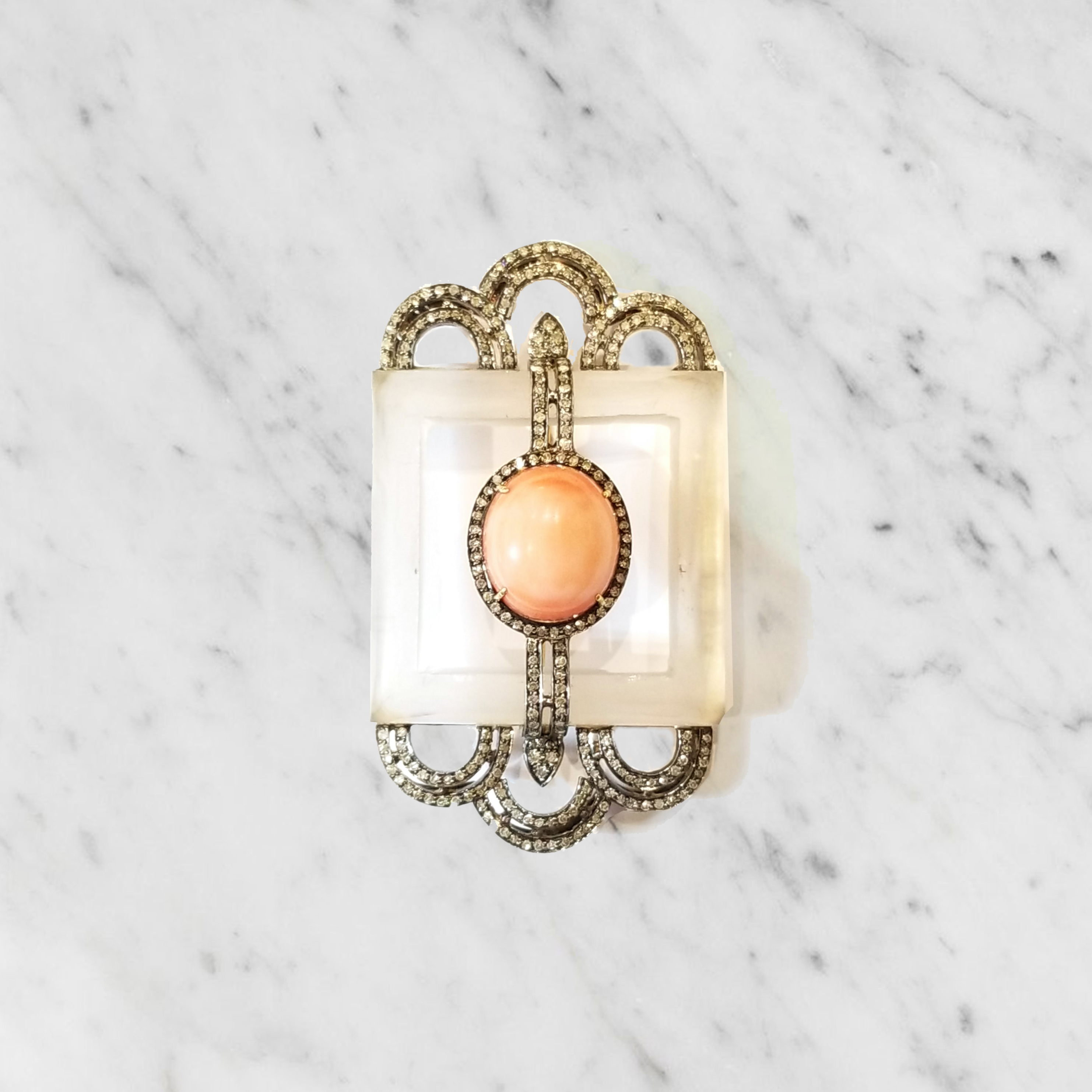 Victorian Style Moonstone and Coral Brooch