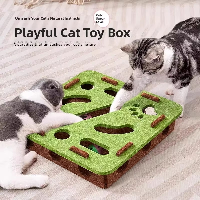 Purrzzle β Felt Puzzle Box Cat Toy with Ball Launcher, Scratch Board & Playhou