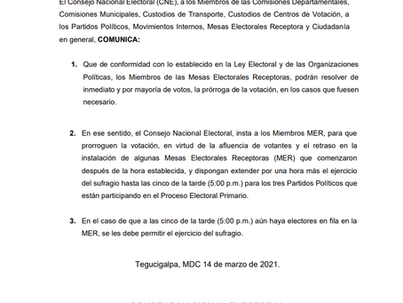 CNE prorroga horario de votación hasta las 5:00 p.m