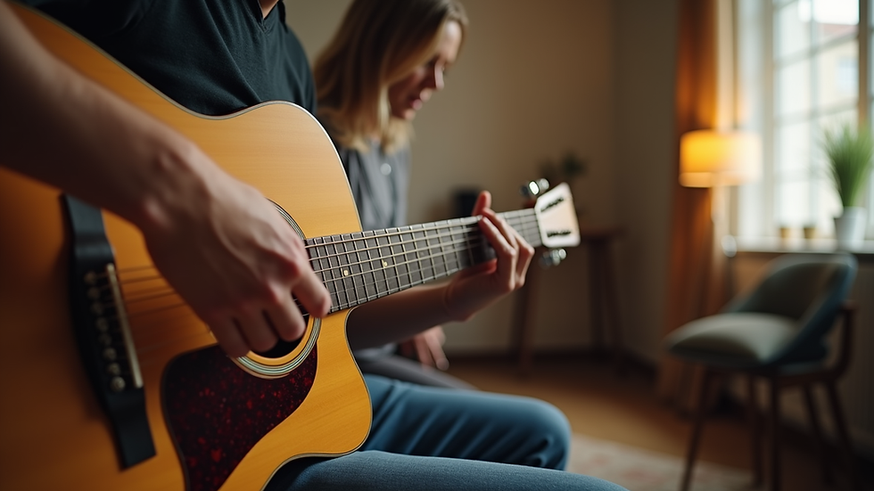 Eye-level view of a guitar teacher giving a private lesson in a cozy room
