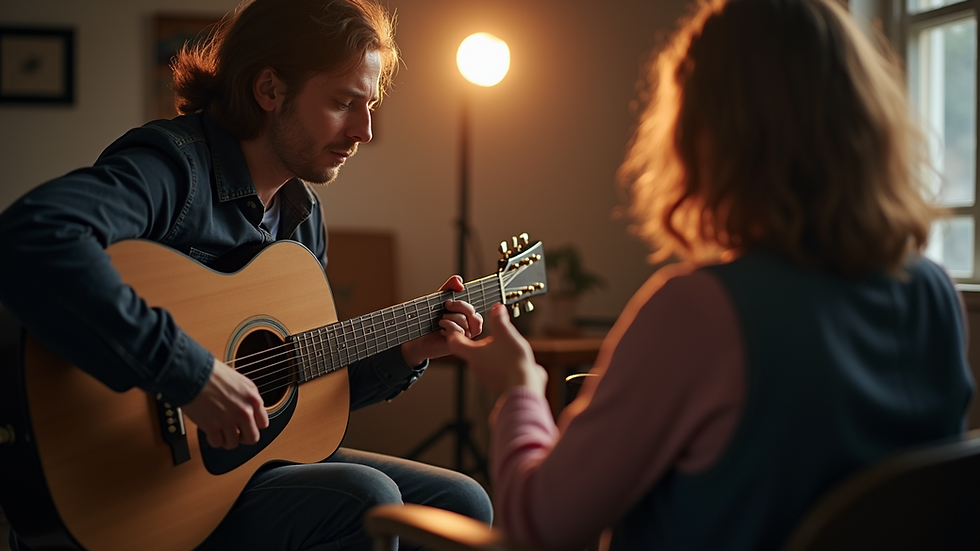 Eye-level view of a guitar teacher giving individual lesson