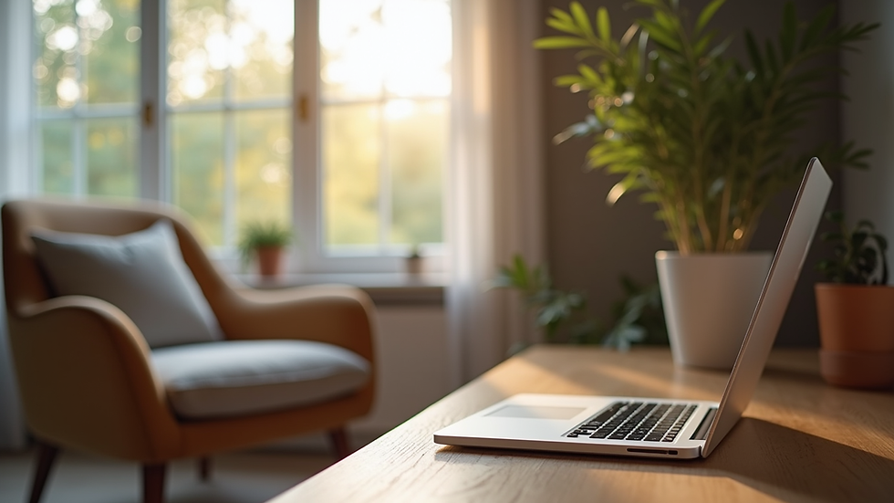 Eye-level view of a cozy home office setup with a laptop and a comfortable chair
