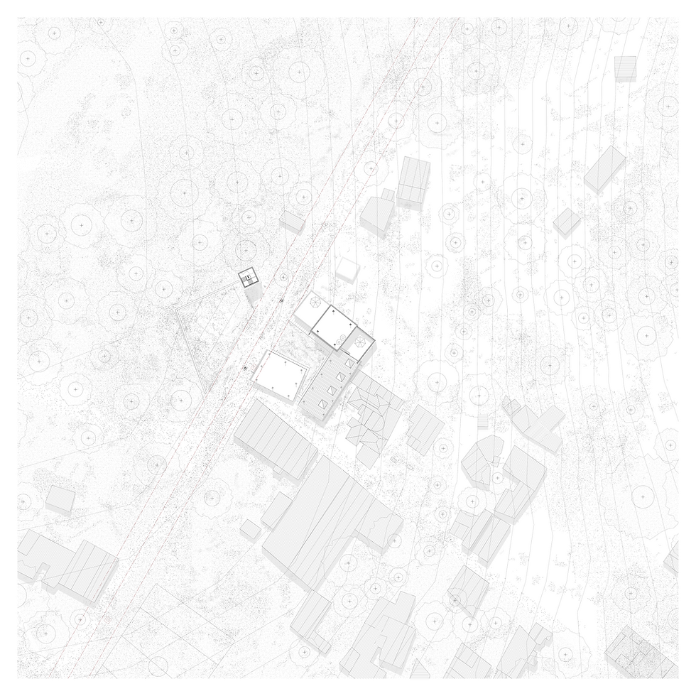 Architectural site plan showing a layout of buildings amidst a dense pattern of trees and topographic lines, with faint red grid lines.
