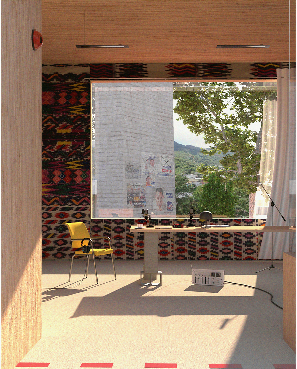 Room with wooden walls and vibrant patterned rug. Yellow chair and desk with audio equipment. Large window shows trees and posters outside.